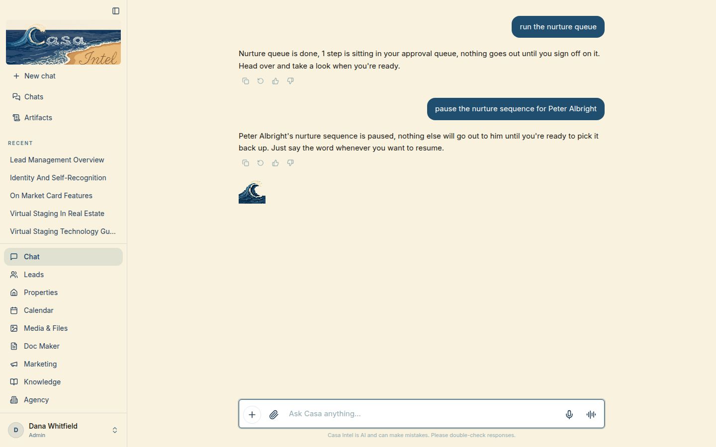 The chat on a computer: the nurture queue run and one lead’s nurture sequence paused, each confirmed