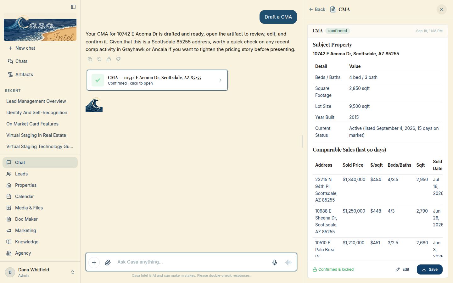 The chat on a computer: “Draft a CMA” and the finished CMA open beside it with comparable sales