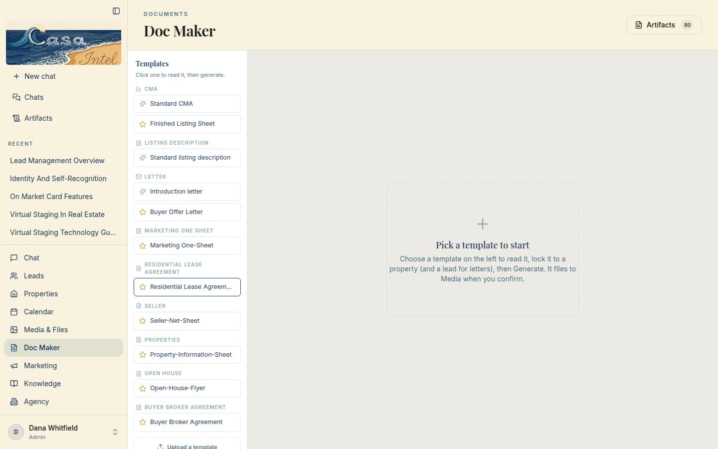 Doc Maker on a computer: a list of templates grouped by type