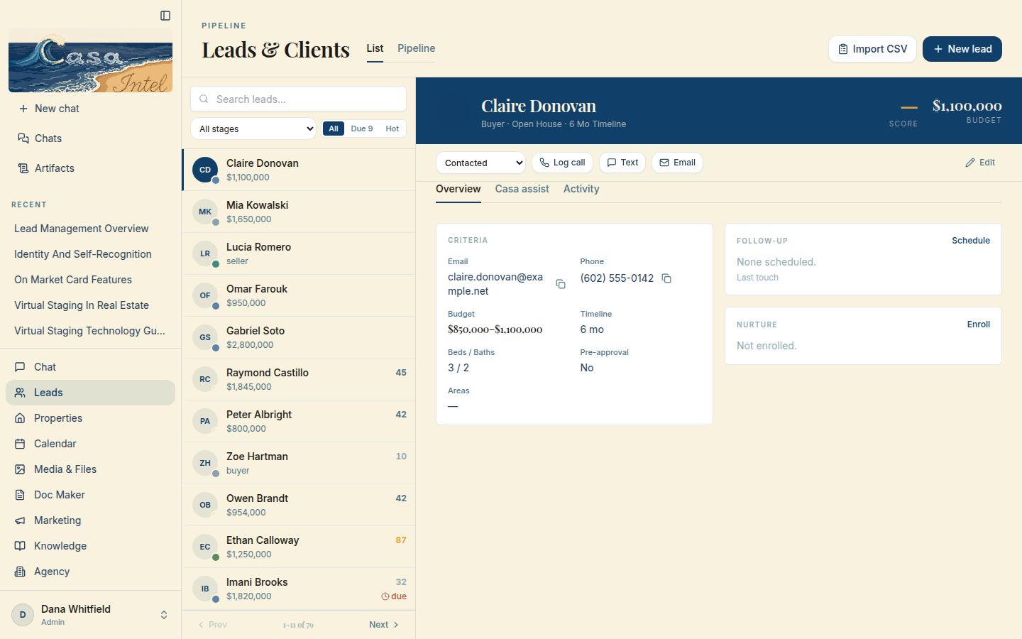 The Leads page on a computer: a list of leads with budgets and scores, one lead open beside it