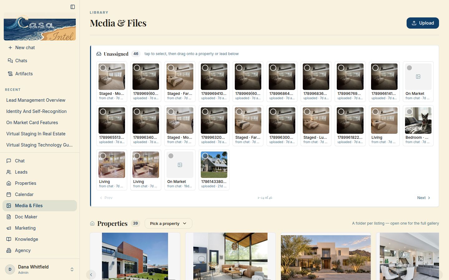 Media & Files on a computer: a tray of new photos and a folder per listing