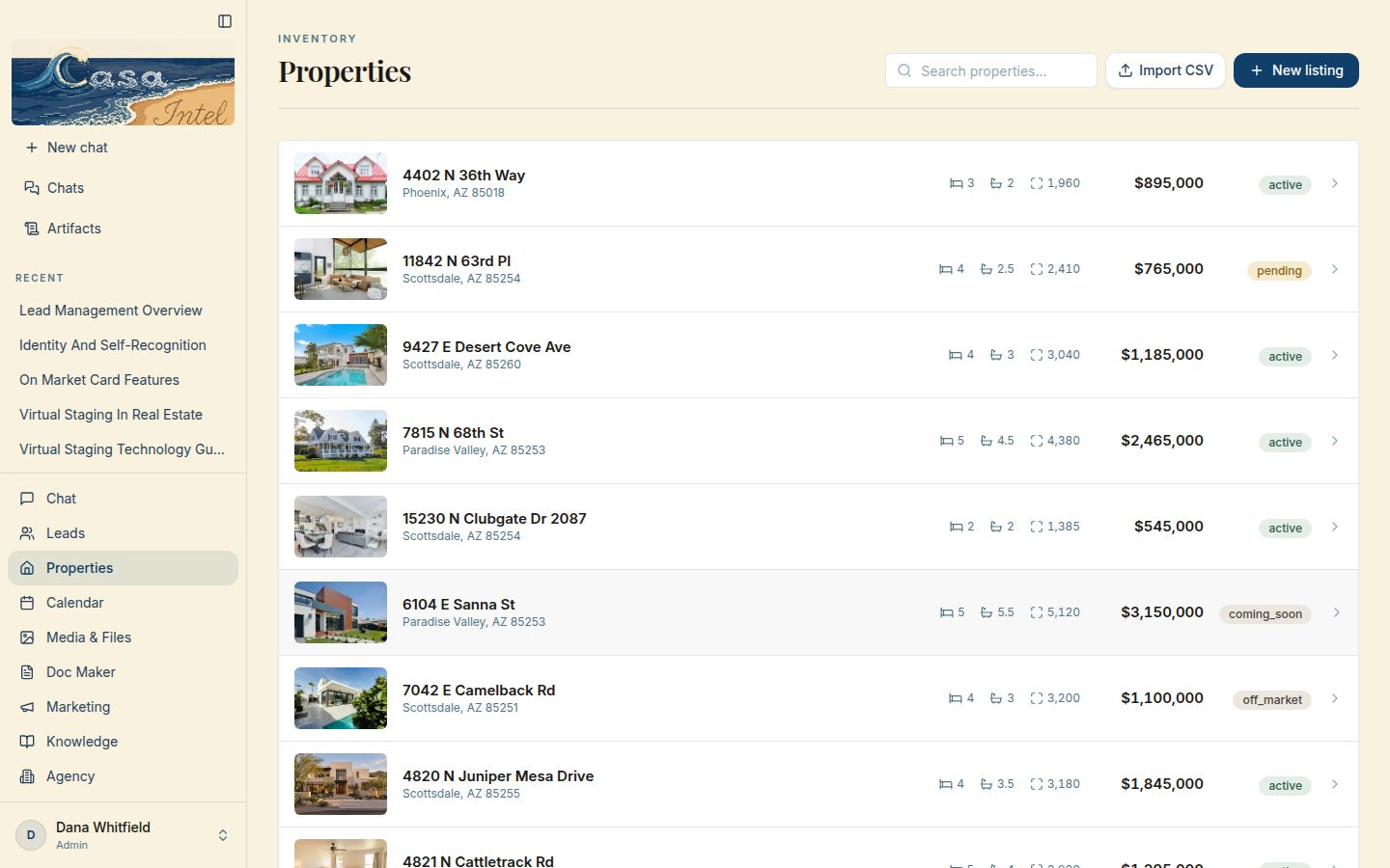 The Properties page on a computer: listings with photos, sizes, prices and status