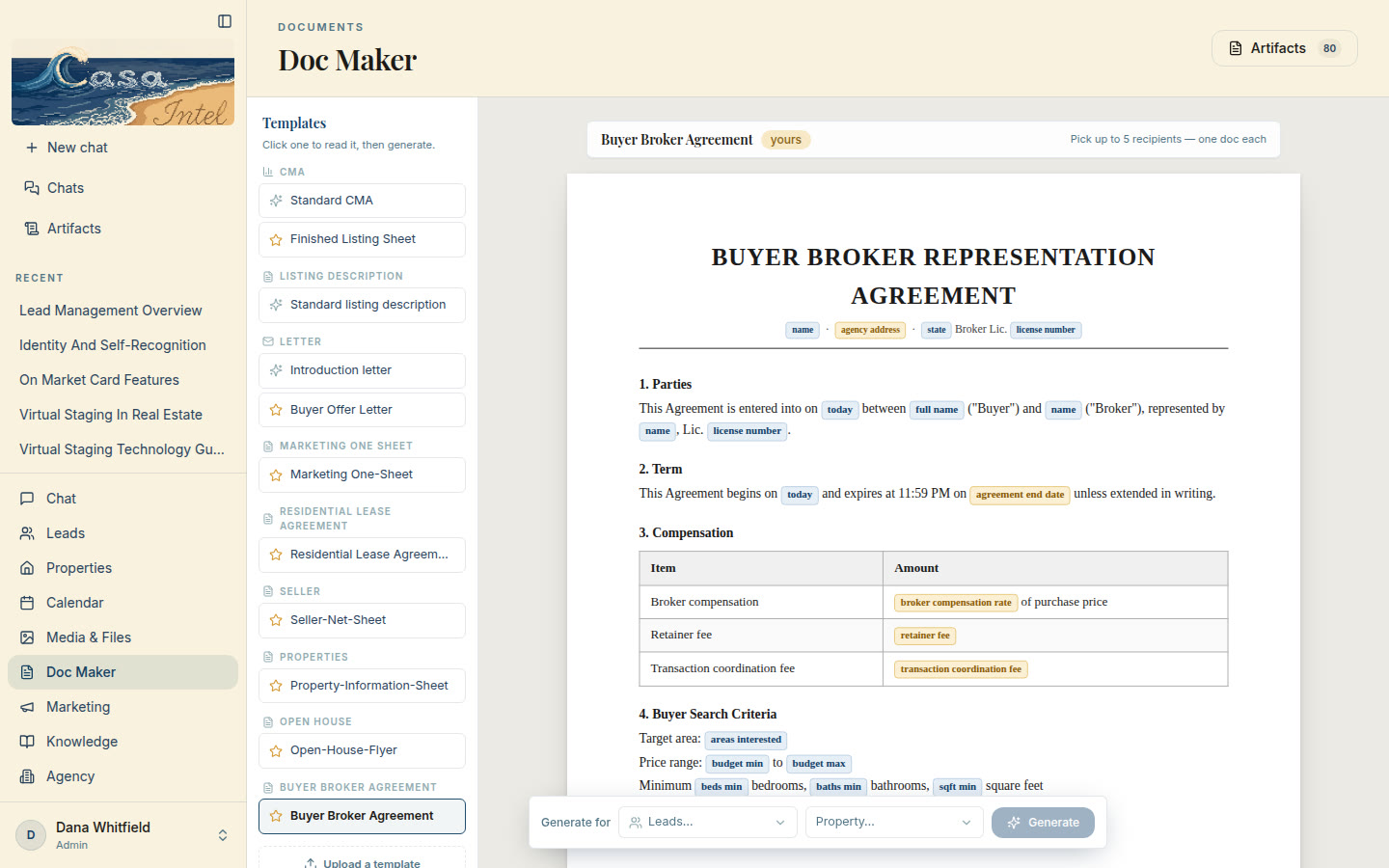 Doc Maker on a computer: the Buyer Broker Agreement template, its blanks shown as blue and gold field tags