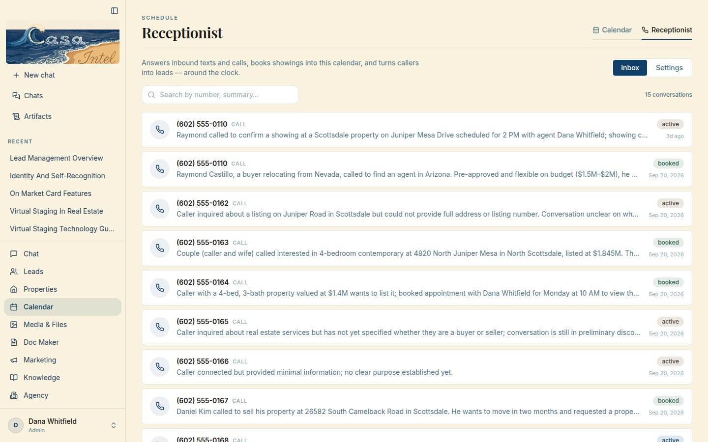 The receptionist inbox on a computer: 15 calls, each with a summary and a booked or active status