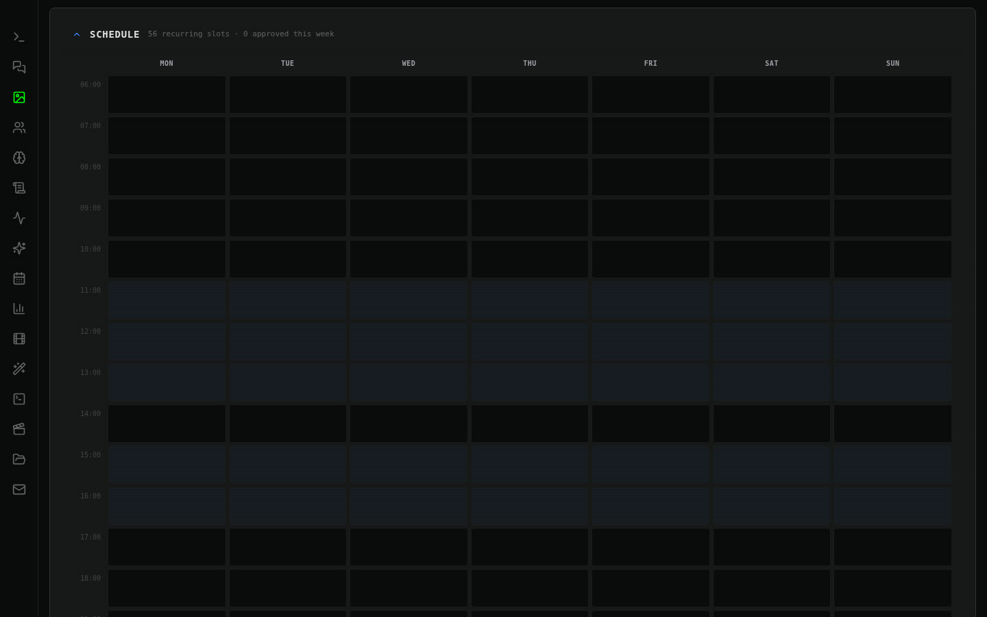The posting schedule on a computer: a week, Monday to Sunday, by the hour, with the recurring slots shaded