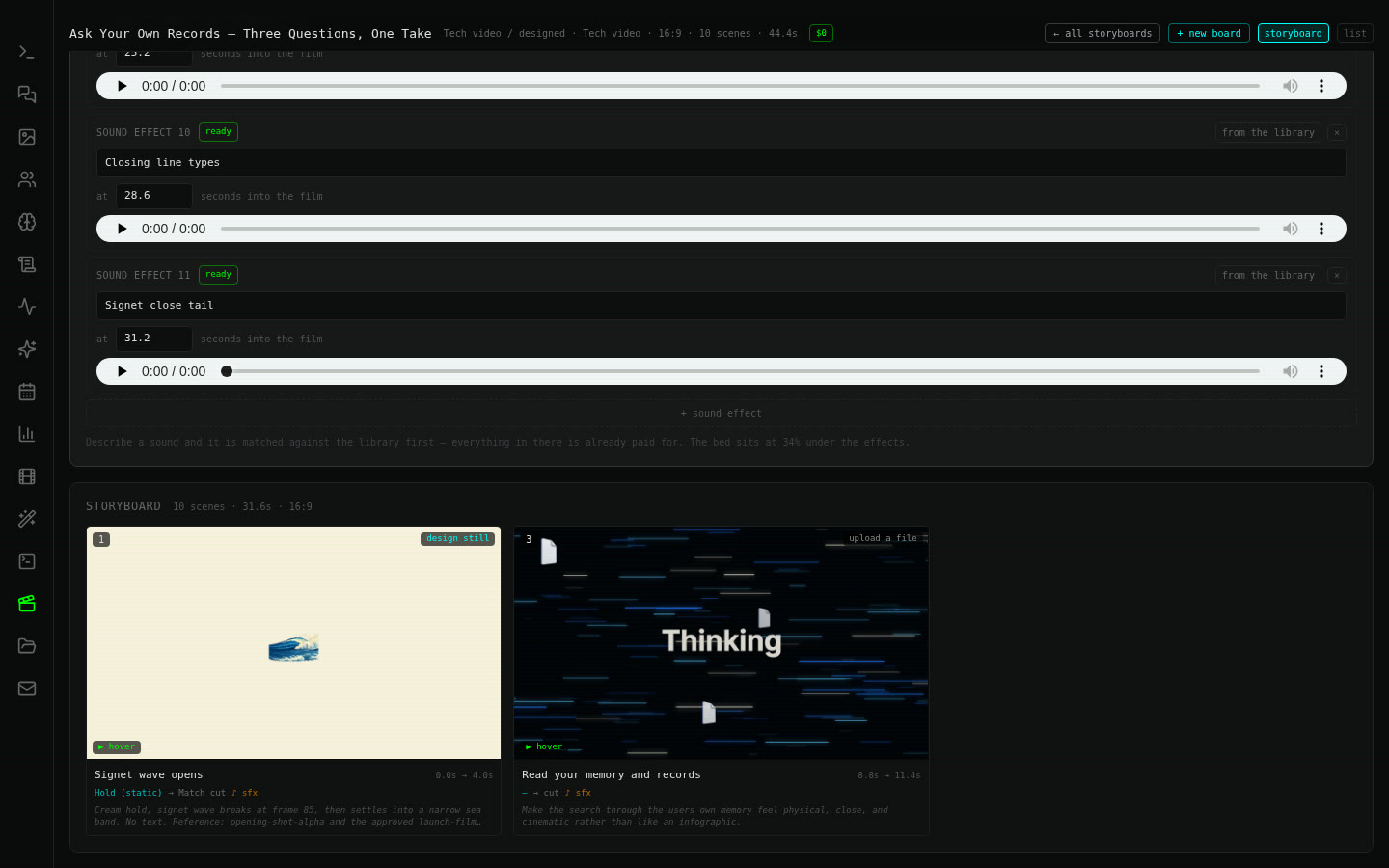 A studio board on a computer: sound effects timed in seconds and the storyboard with two scenes