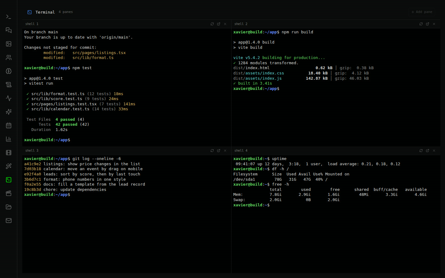 The terminal on a computer: four shells, running tests, a build, a git log and a disk check