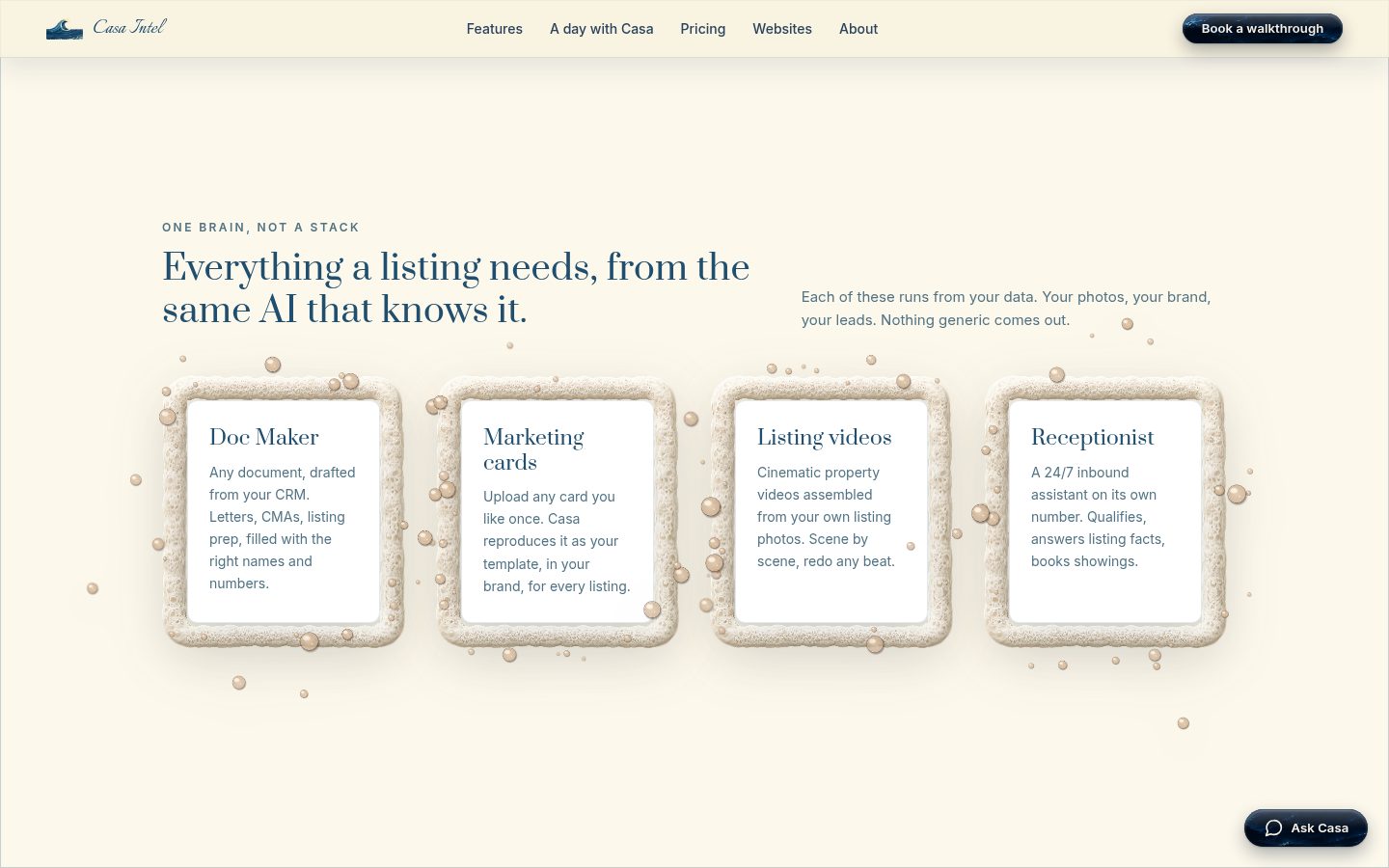 The section “Everything a listing needs, from the same AI that knows it.” with cards for Doc Maker, marketing cards, listing videos and the receptionist