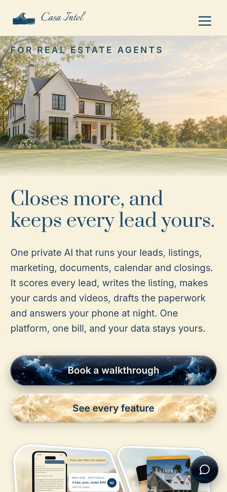 Casa Intel’s website on a phone: the house photo, the headline and two buttons