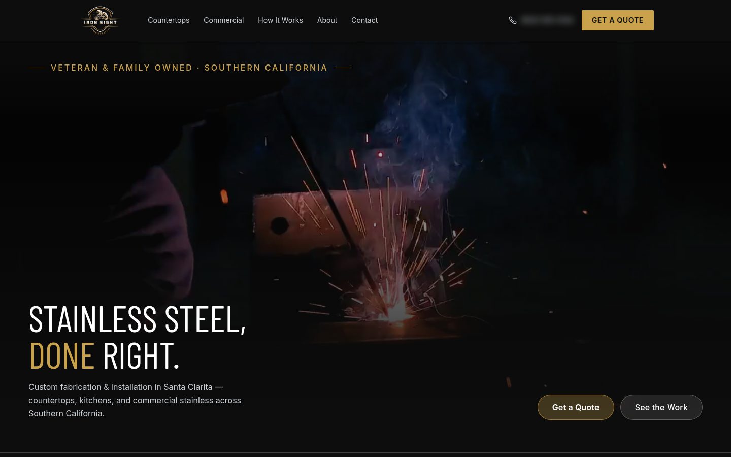 Iron Sight’s website on a computer: “Stainless steel, done right.” over a welding shot, with Get a Quote buttons