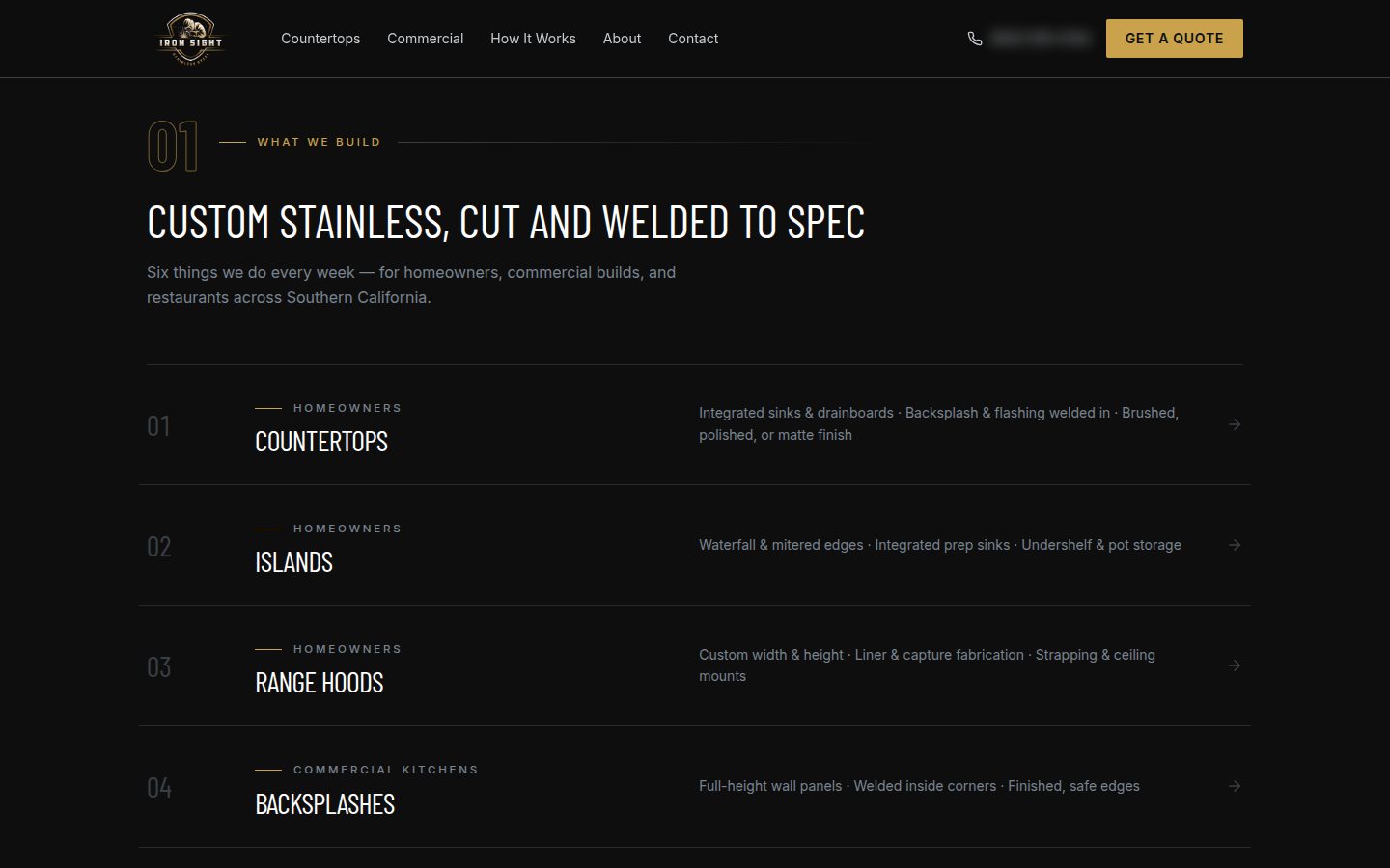 The section “Custom stainless, cut and welded to spec”: countertops, islands, range hoods and backsplashes