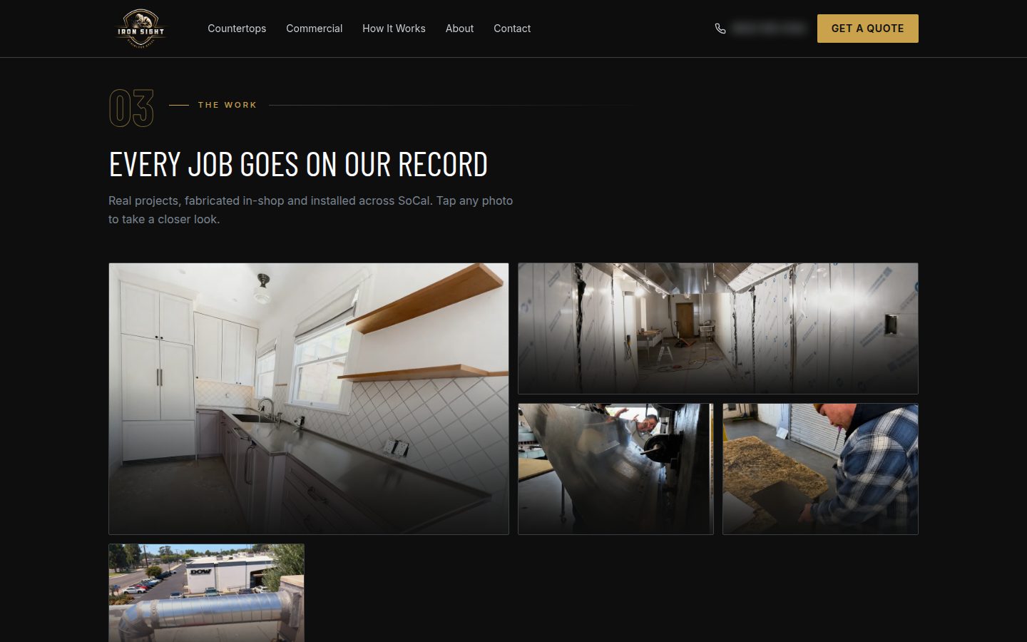 The section “Every job goes on our record”: photos of a finished kitchen, a commercial kitchen and the shop at work